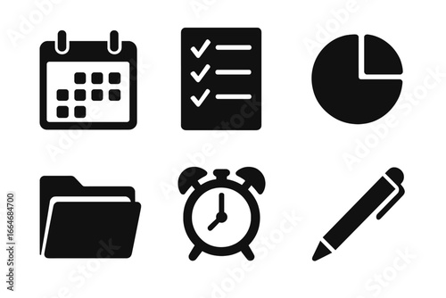 Project planning solid glyph icon set. Business management, productivity and office workflow concept. Calendar, checklist, pie chart, folder, alarm clock, pen vector icons.