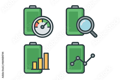 Battery management system icon set. BMS performance metrics for tracking, monitoring and analysis. Vector energy accumulator level, statistics graph, and charge diagnostics.