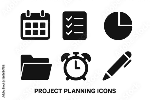 Project planning solid glyph icon set. Business management symbols. Calendar schedule, checklist task, data chart, document folder, time clock, pen edit vector icons.
