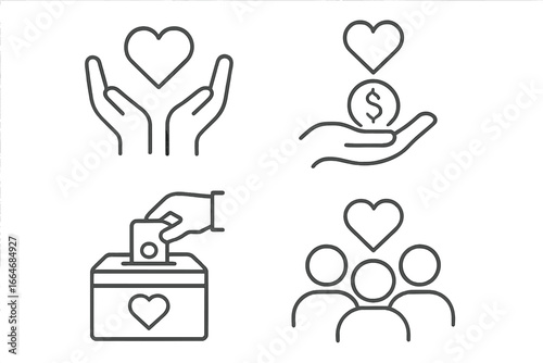 Charity and community outline icons set. Philanthropy, donation, and volunteering symbols. Vector linear illustration of hands with heart, money, and donation box. Social support concept.