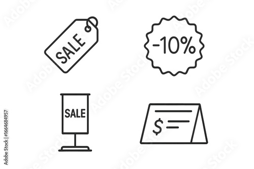 Sale promotion outline icon set. Vector line art for marketing and advertising. Includes discount tag, price badge, promotional stand, and retail signage for commercial offers.