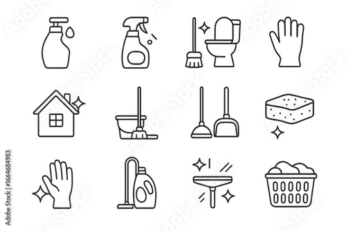 Big cleaning and hygiene line icons set. Outline sanitation and household symbols. Vector illustration collection of soap, spray, mop, gloves, vacuum for house cleaning service.