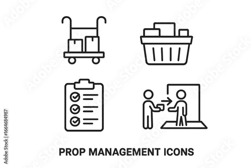 Prop management outline icon set. Vector illustration of props cart, basket, checklist, and handoff diagram. Film, theater, and video production logistics symbols.