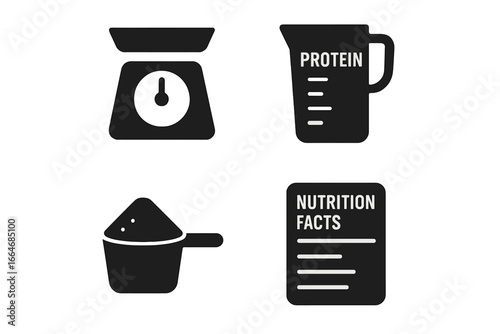 Protein measurement solid icon set. Nutrition, diet, and fitness supplement concept. Vector glyphs of food scale, scoop, measuring cup and nutrition facts label for health.