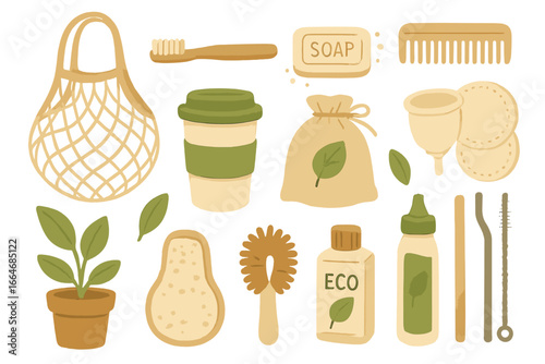 Zero waste lifestyle essentials for sustainable living. Eco friendly products collection. Reusable items for kitchen and bathroom. Natural cosmetics and personal hygiene vector set.