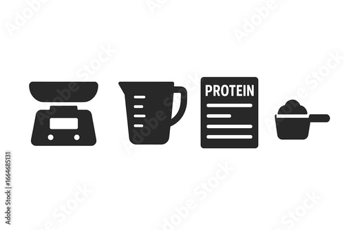Protein measurement solid icons. Nutrition, diet, fitness supplement concept. Food scale, measuring cup, powder scoop, and nutritional facts label vector glyph set.