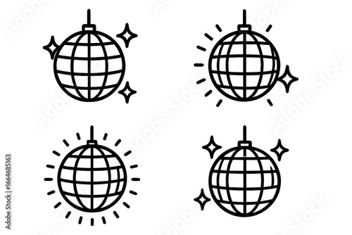 Disco ball line icon set. Shiny mirrorball vector collection for party and dance club promotion. Retro 70s 80s music event symbol. Nightlife glitter graphic element.