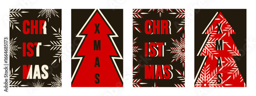 Gothic Merry Christmas greeting card cover set. Vector illustration of brutal Christmas tree and snowflakes on Goth black background. Perfect modern Xmas greeting poster collection. EPS 10