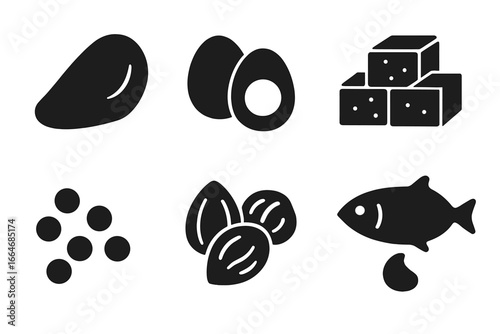 Protein food sources vector icon set. Nutrition glyphs collection. Chicken, egg, tofu, fish, lentils, nuts. Healthy diet, keto, paleo, bodybuilding, fitness meal concept.