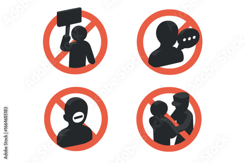 Protest suppression isometric icons. Censorship, restricted speech, demonstration ban. Freedom of speech violation. Police brutality, human rights, authoritarianism concept.