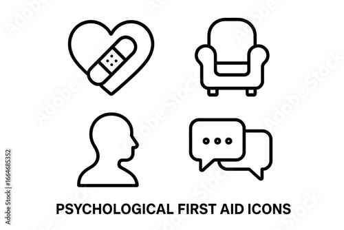 Psychological first aid vector line icons. Mental health support, therapy, and counseling concept. Symbols for emotional healing, trauma, empathy, stress, and recovery.