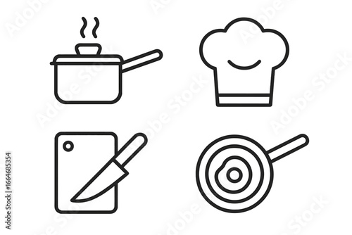 Cooking and kitchen linear icons set. Culinary meal preparation symbols. Chef hat, saucepan, cutting board with knife, and frying pan with egg vector graphic elements.
