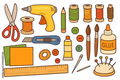 Vector cartoon set of crafting tools for DIY projects. Art and craft supplies for handmade hobbies. Scissors, glue gun, thread, needle, and paint for creative work.