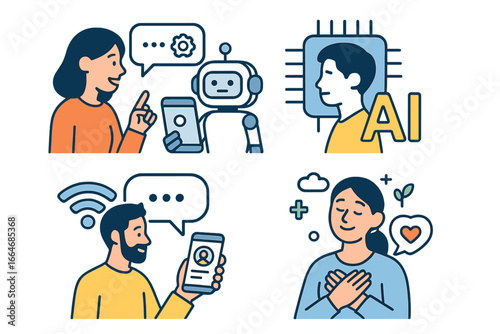 Artificial Intelligence Technology in Modern Communication, Mobile Apps, Mental Health, Wellness, Wireless Internet, Voice Assistants, Digital Devices, Emotional Wellbeing, Vector Illustration