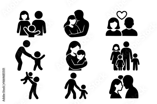 Family Parenting Silhouette Icon Set – Parents and Children Bonding, Love, Parenthood, Relationships, Mother, Father, Child, Care, Happy Family Moments, Transparent Background Vector Illustration