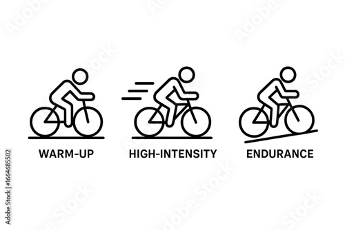 Cycling workout icon set. Vector line icons for different training phases: warm-up, high-intensity sprint, and endurance climb. Fitness exercise infographic elements.