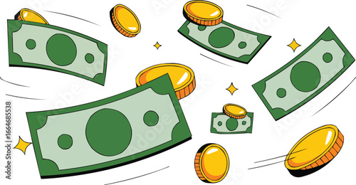 Cartoon style money rain illustration featuring green dollar bills and golden coins for financial prosperity and success visualization