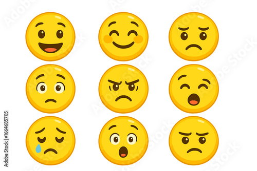 Emoji expressions set. Vector cartoon emoticons collection. Cute smiley faces showing different emotions: happy, sad, angry, crying, surprise. Funny character avatar icons.