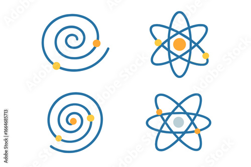 Quantum physics icon set. Atom, molecule, and nucleus symbol. Electron orbit and particle spiral. Scientific research, chemistry, and technology vector illustration. Flat design.