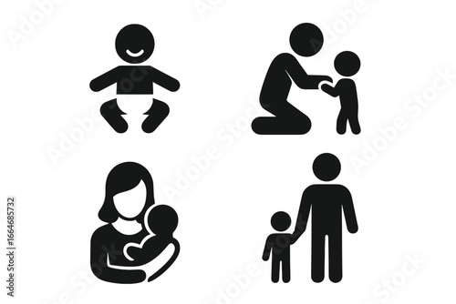 Family and parenting solid icon set. Baby care, mother, father, and child silhouette collection. Vector glyph symbols for childcare, newborn, parent-child relationship.