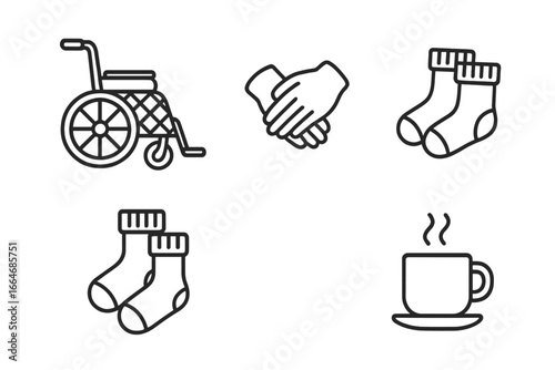 Elderly care outline icon set. Senior support and assistance symbols. Nursing home, assisted living, retirement concept. Wheelchair, holding hands, warm socks, hot drink. Vector.