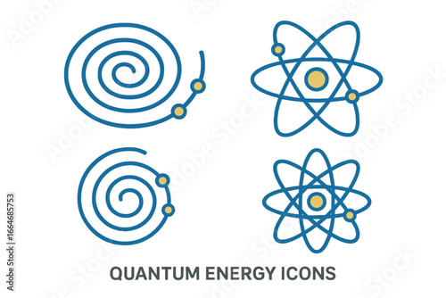 Quantum energy icon set. Atom, molecule, electron orbit, and particle accelerator spiral. Physics science vector illustration. Nuclear energy, quantum mechanics concept design.
