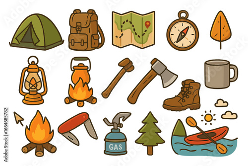 Set of camping icons for outdoor adventure and survival. Includes tent, backpack, map, compass, campfire, axe. Vector illustration for tourism, hiking, and travel concepts.
