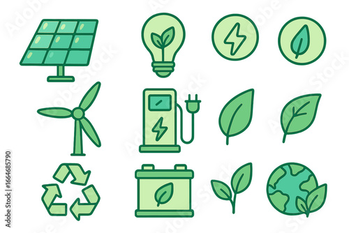 Green energy icon set. Renewable sources like solar panel, wind turbine. Sustainability, ecology concept. Vector illustration of EV charging, recycling, eco power symbols.