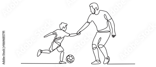 Single one line drawing son playing football with his father. Family time concept. Continuous line draw design graphic vector illustration. Vector black silhouette. with white background
