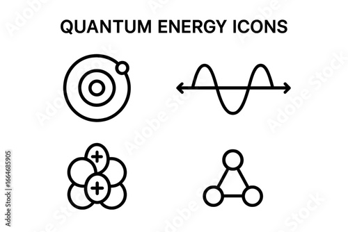 Quantum physics and subatomic energy outline icon set. Vector collection of scientific symbols: atom, electron orbit, photon wave, atomic nucleus, proton, and quark models.