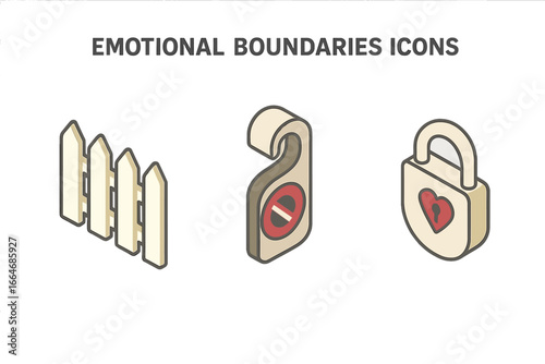 Emotional boundaries isometric icon set. Setting limits for mental health and self-care. Psychology vector symbols of picket fence, do not disturb sign and locked heart.