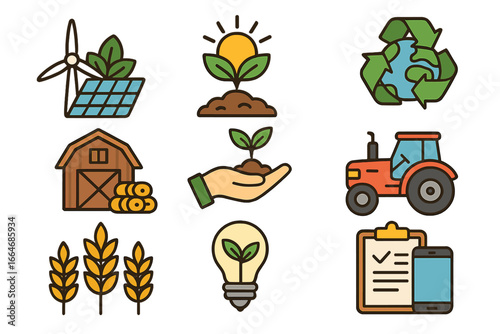 Sustainable agriculture icon set. Eco friendly farming, organic food production, renewable energy, and smart agritech concept. Vector illustration for rural development.
