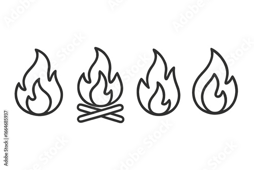 Fire flame icon collection. Bonfire fire line icons. Flame signs. Vector cartoon illustration. Hot symbol. Simple outline pictogram set. Campfire graphic element. Burn.
