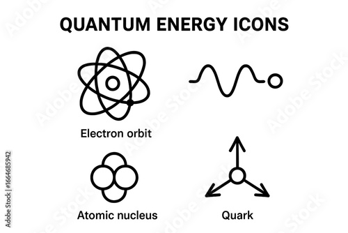 Quantum energy physics icon set. Subatomic particles, electron orbit, atomic nucleus, photon wave, quark. Science vector illustration. Physics, chemistry, technology symbol.