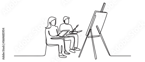 Single one line drawing happy people study together in painting class. Class it up concept. Continuous line draw design graphic vector illustration. Vector black silhouette. with white background