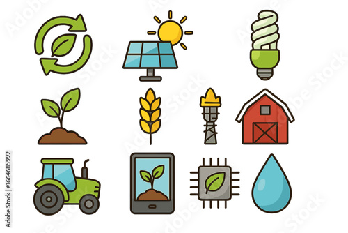 Sustainable agriculture and smart farming icon set. Agritech concept with tractor, solar panel, barn, and eco-friendly technology. Vector icons for green energy and farming.