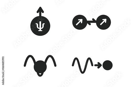Quantum physics solid glyph icon set. Science and technology concepts. Quantum state, entanglement, wave-particle duality, superposition. Physics vector pictograms pack.