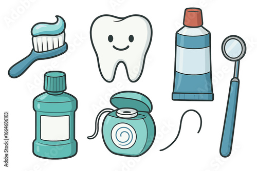 Dental care vector icon set with cute cartoon smiling tooth, toothbrush, toothpaste, floss, and mouthwash. Oral hygiene and dentistry concept for health and routine.