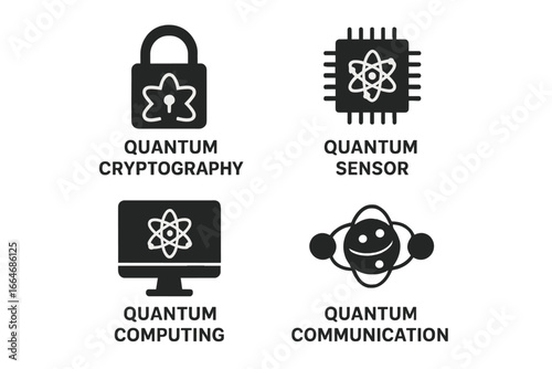 Quantum technology solid glyph icon set. Quantum computing, cryptography, sensor, communication concepts. Physics science pictogram collection. Future tech innovation vector signs.