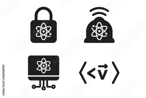 Quantum technology icon set. Solid glyph pictograms of future tech applications. Quantum computing, cryptography, sensors, algorithms, and physics concepts. Science vector symbols.