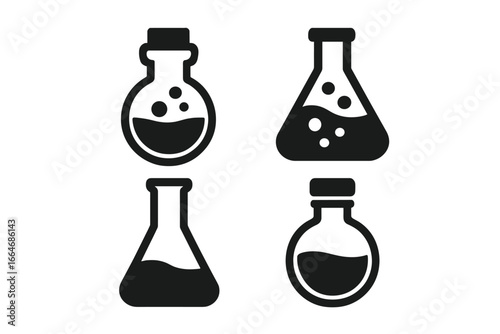 Flask icon set. Laboratory glassware pictograms. Chemical lab beaker, potion bottle. Science experiment, research symbol. Flat solid black vector illustration collection.