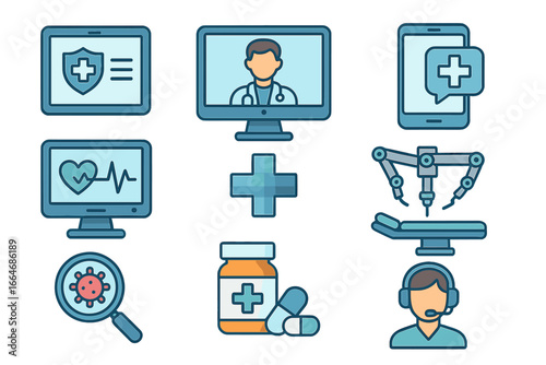Medical icon set for digital health and technology. Telemedicine, online doctor, robotic surgery, e-health, pharmacy, and insurance concepts. Vector cartoon illustration.