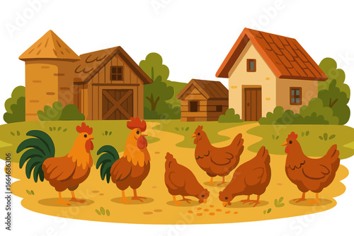 Cartoon farm landscape with chickens and roosters pecking grain. Rural countryside scene with barn, farmhouse, and silo. Vector illustration for poultry farming and agriculture.