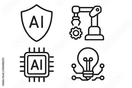 AI technology outline icon collection. Artificial intelligence concepts including shield for security, robotic arm for automation, chip for processing, and lightbulb for innovation.