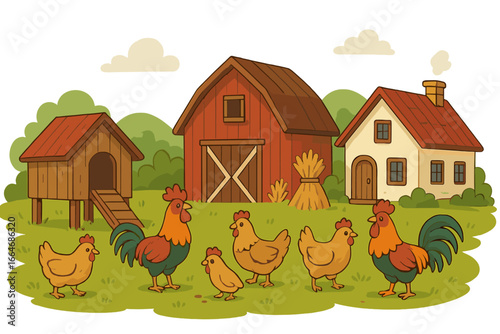 Farmyard scene with chickens and roosters near rustic buildings. Serene countryside setting with poultry. Vector cartoon illustration of rural agriculture life with barn.