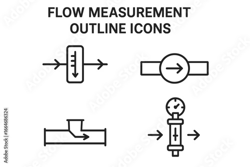 Flow measurement outline icons set. Fluid dynamics instrumentation symbols. Linear vector collection for industrial engineering. Rotameter, flowmeter, gauge, pipeline sensor.