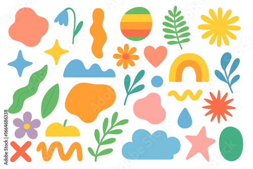 Set of colorful abstract shapes and trendy doodle elements. Modern minimalist geometric forms and nature icons. Vector cartoon collection with flowers, clouds, and rainbows.