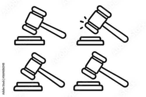 Judge gavel icon set. Law and justice symbol collection. Court hammer vector illustration. Auction, court, law, legal decision, verdict, sentence concept. Pictogram set.