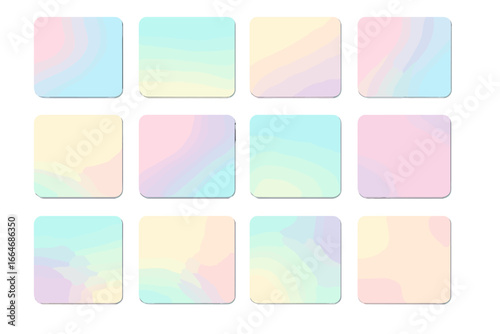 Pastel gradient vector collection. Soft color palette. Holographic background. Unicorn colors. Abstract blur mesh. Modern design element. Smooth color transition swatches.