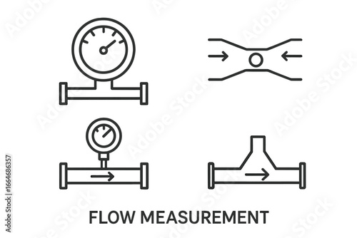 Flow measurement outline icons set. Fluid dynamics symbols like manometer, pressure gauge, and pipeline sensor. Linear vector illustration for instrumentation and engineering concepts.